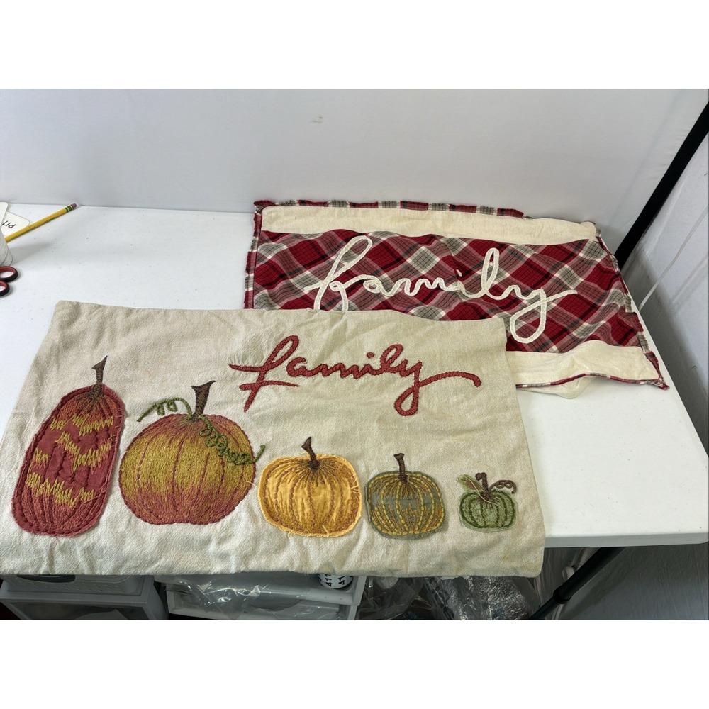 Pottery Barn Embroidered Pumpkin Plaid Family Pillow Cover Lot 2 16x26